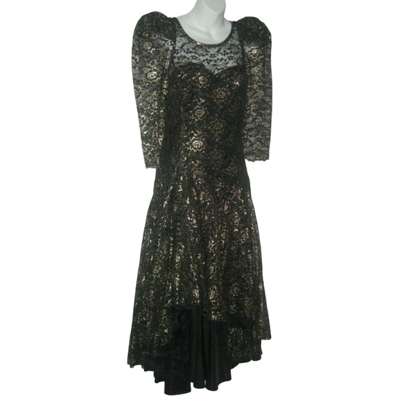 Vintage 80s Nem's Dress Gothic Black & Gold Metallic Lace Wedding Goth ALT egirl - Picture 3 of 12